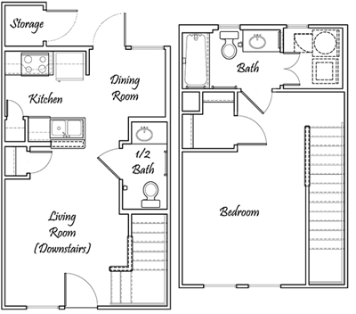 One Bedroom / One and 1/2 Bath - Townhome Bi-Level - 710 Sq. Ft.*